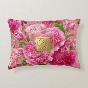 Luxury Monogrammed Pink Garden Floral Accent Pillow