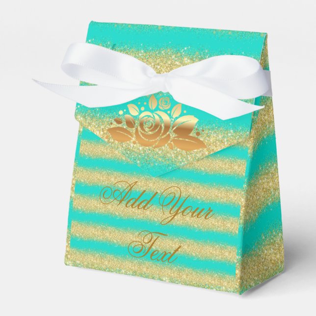 Luxury Monogrammed Popular Turquoise Gold Glitter Favor Box (Front Side)