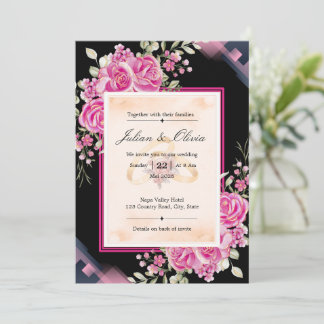 Luxury Moody Black and Fuchsia Pink Rose Wedding Invitation