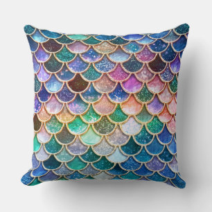 Luxury multicolor Glitter Mermaid Scales Throw Pillow