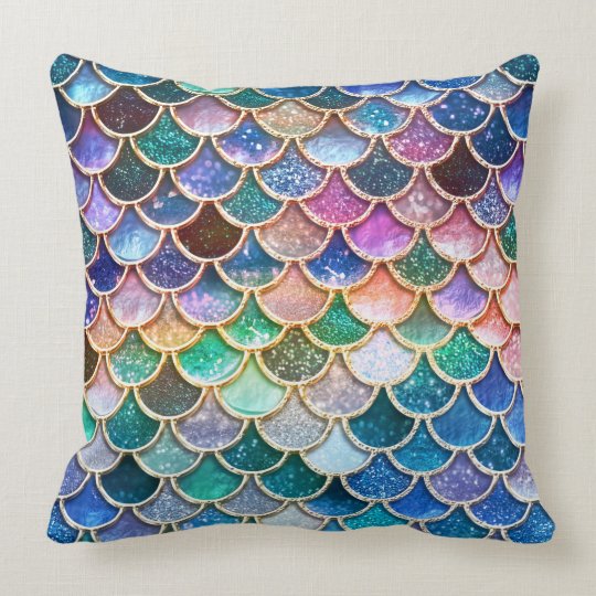 Luxury multicolor Glitter Mermaid Scales Throw Pillow