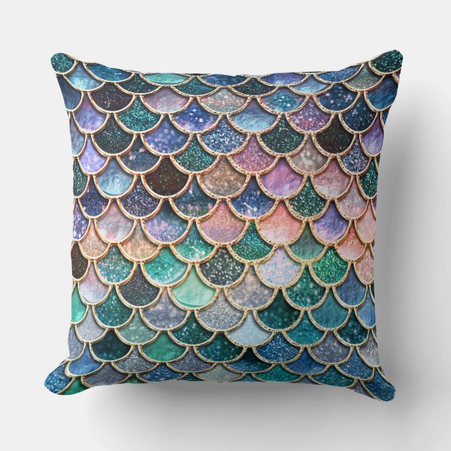 Luxury multicolor Glitter Mermaid Scales Throw Pillow (Front)