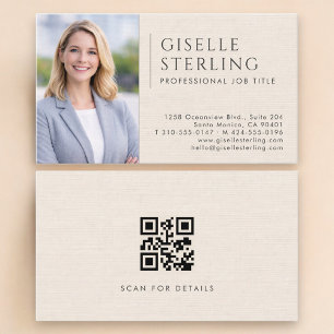 Luxury Natural Ivory Linen Photo QR Code Business Card