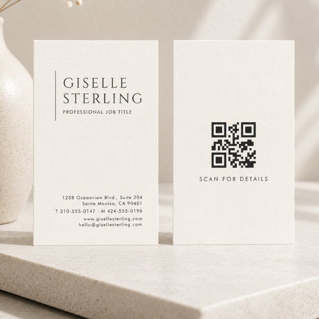 Luxury Natural Ivory Linen QR Code Business Card (Creator Uploaded)