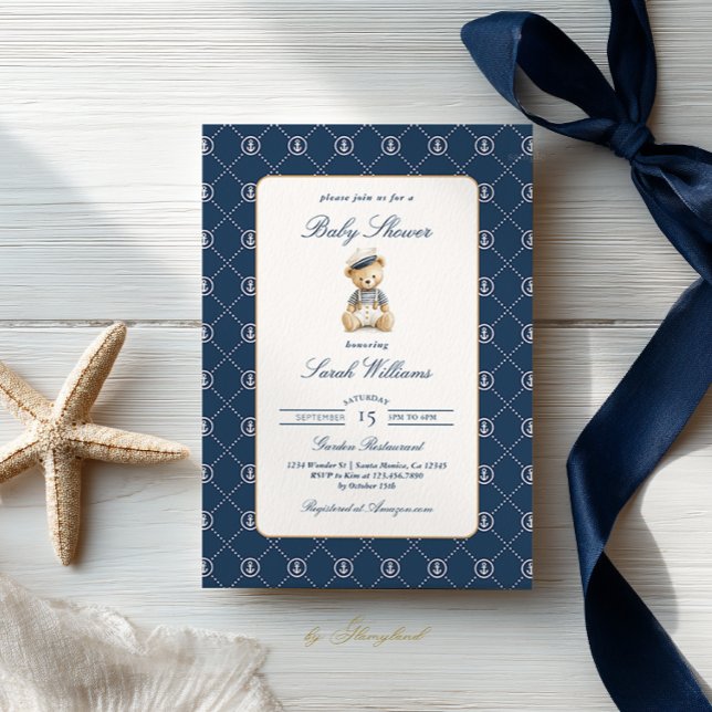 Luxury Nautical Teddy Bear Baby Shower Boy Invitation (Creator Uploaded)
