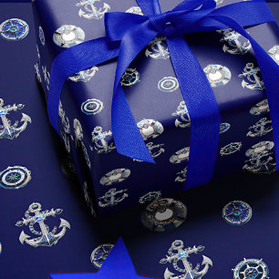 Luxury Navy and Pearl White Nautical Themed  Wrapping Paper