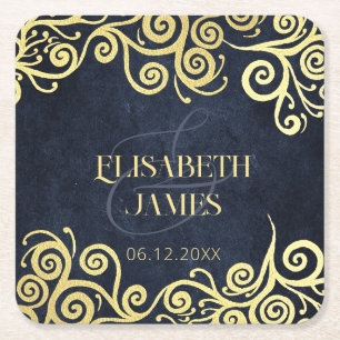  Luxury Navy Blue And Gold Flourish Winter Wedding Square Paper Coaster