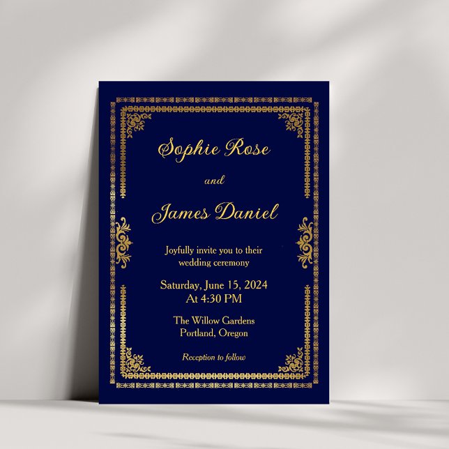 Luxury Navy Blue and Gold Frame Wedding Invitation (Creator Uploaded)