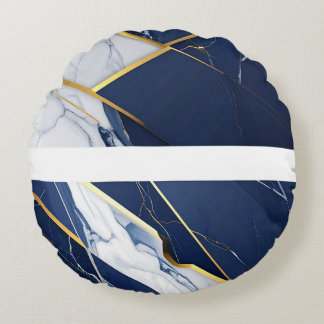 Luxury Navy Blue and Gold Marble Geometric Pattern Round Pillow