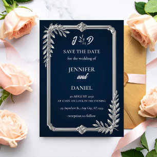 Luxury Navy Blue and Silver Wedding Save the Date