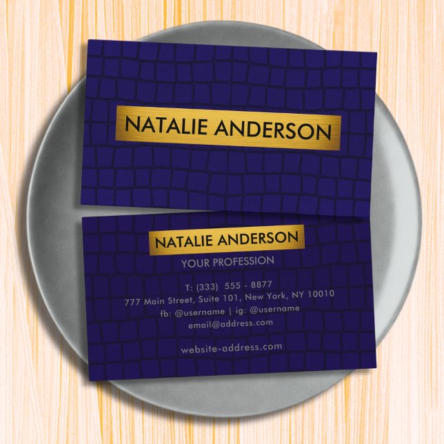 Luxury Navy Blue Crocodile Texture & Gold Business Card (Creator Uploaded)