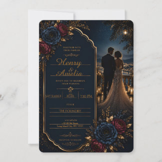 Luxury Navy Blue Floral Wedding Invitation