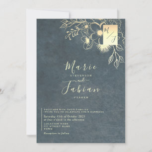 Luxury Navy Blue Gold Floral Wedding Invitation