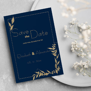 Luxury navy blue gold foliage Save the Date Invitation