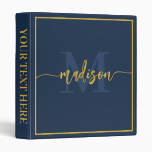 Luxury Navy Blue Gold Monogram Script Name Binder