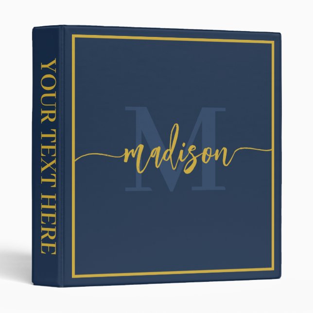 Luxury Navy Blue Gold Monogram Script Name Binder (Front/Spine)