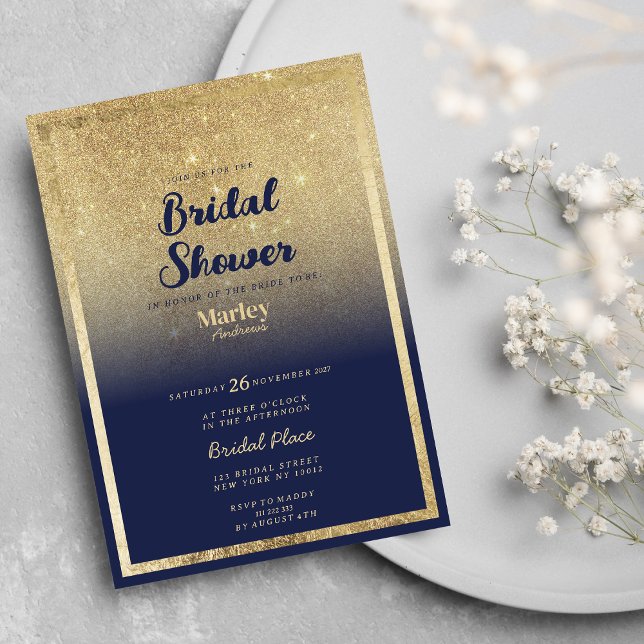 Luxury navy blue gold ombre glitter Bridal Shower Invitation (Luxury navy blue gold ombre glitter Bridal Shower)