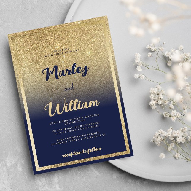Luxury navy blue gold ombre glitter Wedding  Invitation (Luxury navy blue gold ombre glitter Wedding)