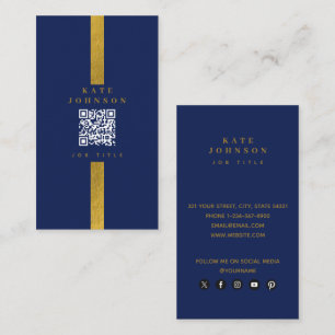 Luxury Navy Blue Gold QR Code Social Media  Business Card