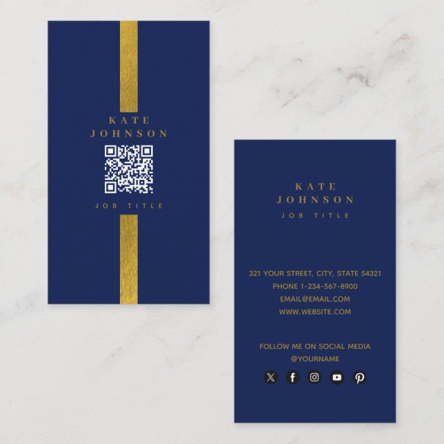 Luxury Navy Blue Gold QR Code Social Media  Business Card (Front/Back)