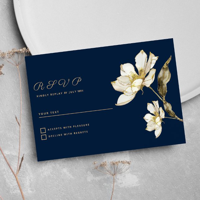 Luxury navy blue gold white glitter flower RSVP Invitation (Luxury navy blue gold white glitter flower RSVP)