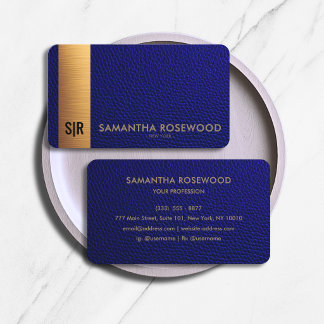 Luxury Navy Blue Leather & Gold Panel Monogram Business Card