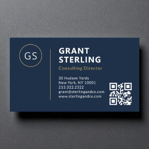 Luxury Navy Blue Minimalist Professional QR Code  Business Card
