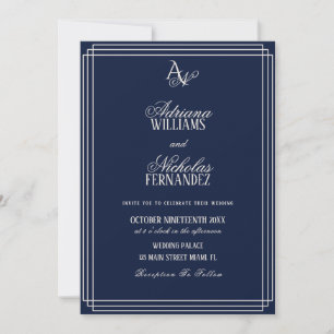 Luxury Navy Blue Monogram Wedding Invitation