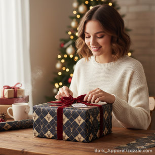 Luxury Navy Blue Plaid & Reindeer Head Holiday Wrapping Paper