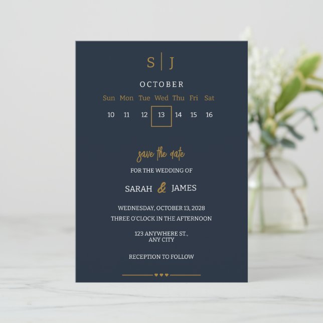 Luxury Navy Blue Save the Date Invitation (Standing Front)