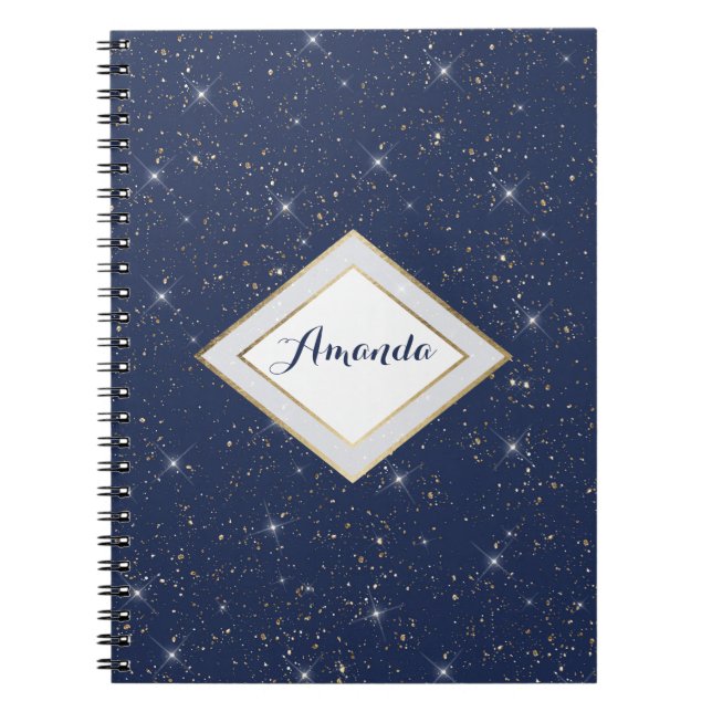 Luxury navy blue sparkle gold glitter pattern notebook (Front)