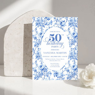 Luxury Navy Blue Toile Roses 50th Birthday Invite