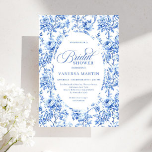 Luxury Navy Blue Toile Roses Bridal Shower Invites