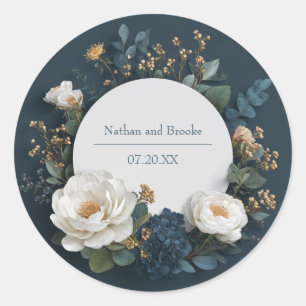 Luxury Navy Blue White Peony Dimensional Wedding Classic Round Sticker
