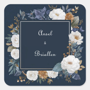 Luxury Navy Blue White Peony Floral Gold Frame Square Sticker