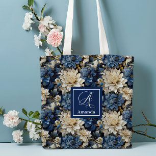 Luxury Navy Flowers Custom Name Floral Tote Bag