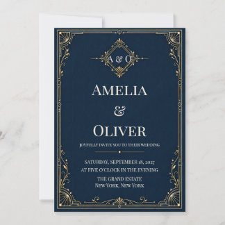 Luxury Navy Gold Art Deco Monogram Wedding Invitat Invitation