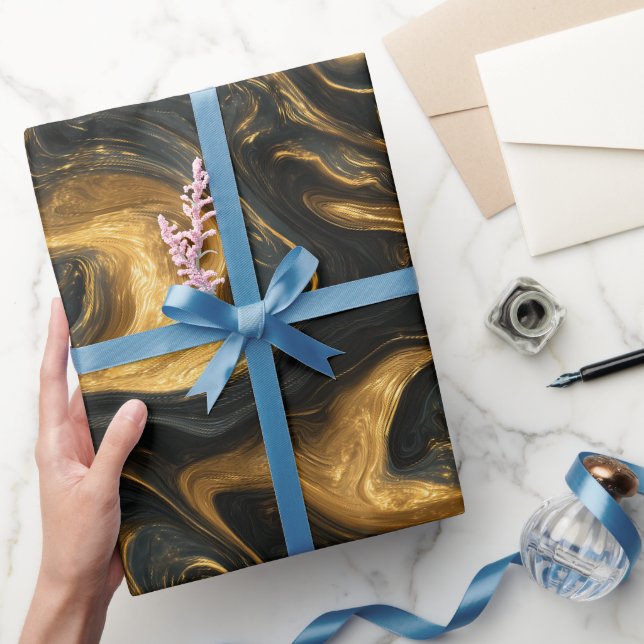 Luxury Navy Gold Fluid Motion Abstract Pattern Wrapping Paper (Gifting)