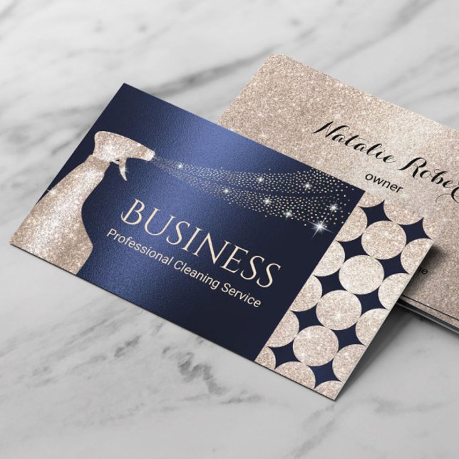 Luxury Navy & Gold House Cleaning Service Spray Business Card (Creator Uploaded)