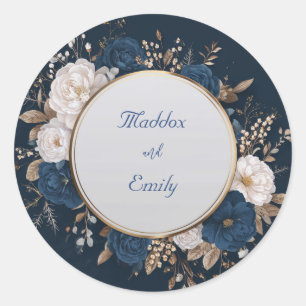 Luxury Navy Gold White Rose Floral Wreath Wedding Classic Round Sticker