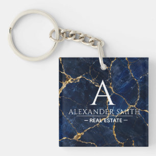 Luxury Navy Marble Gold Monogram Business Branding Keychain