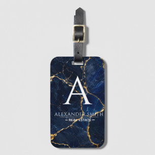 Luxury Navy Marble Gold Monogram Business Branding Luggage Tag