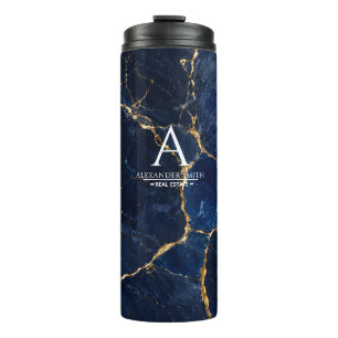Luxury Navy Marble Gold Monogram Business Branding Thermal Tumbler