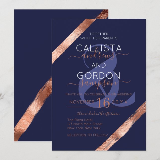 Luxury Navy Rose Gold Brushstroke Frame Wedding Invitation (Front/Back)