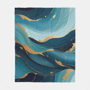 Luxury Navy Teal Gold Fluid Abstract Pattern Fleece Blanket