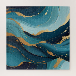 Luxury Navy Teal Gold Fluid Abstract Pattern Jigsaw Puzzle