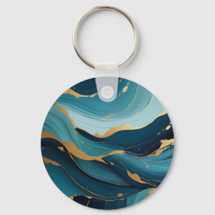 Luxury Navy Teal Gold Fluid Abstract Pattern Keychain