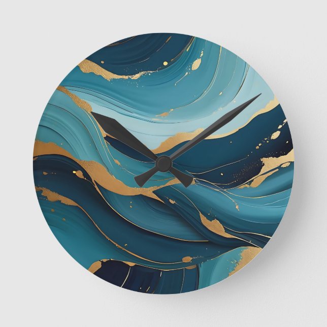 Luxury Navy Teal Gold Fluid Abstract Pattern Round Clock (Front)