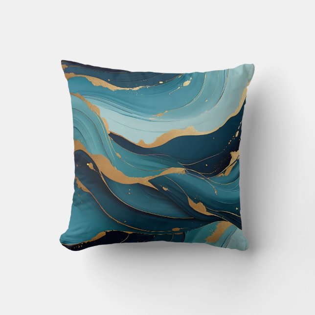 Luxury Navy Teal Gold Fluid Abstract Pattern Throw Pillow (Front)