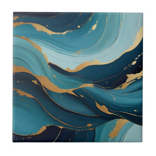 Luxury Navy Teal Gold Fluid Abstract Pattern Tile